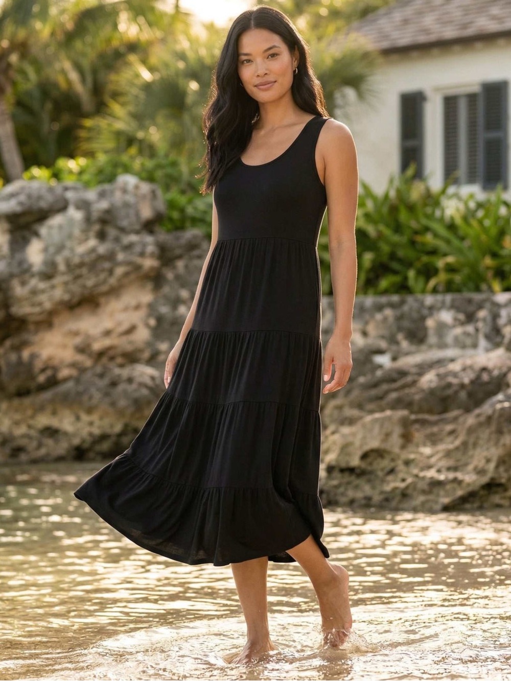 NWT Karen Kane Tiered Midi Dress Black XSP Sleeveless Rayon Jersey Made USA